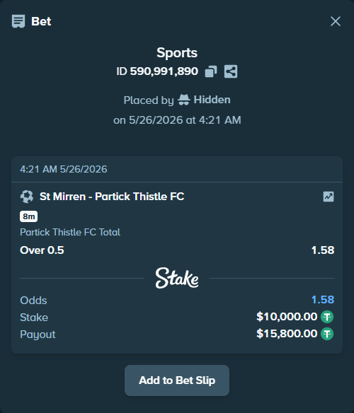 Bet slip: St Mirren - Partick Thistle FC, $10,000.00 stake at 1.58 odds, placed by Hidden
