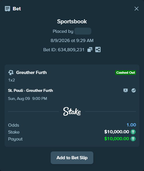 Bet slip: St. Pauli - Greuther Furth, $10,010.00 stake at 3.85 odds, placed by Dilips11