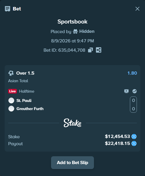 Bet slip: St. Pauli - Greuther Furth, $12,454.53 stake at 1.80 odds, placed by Hidden