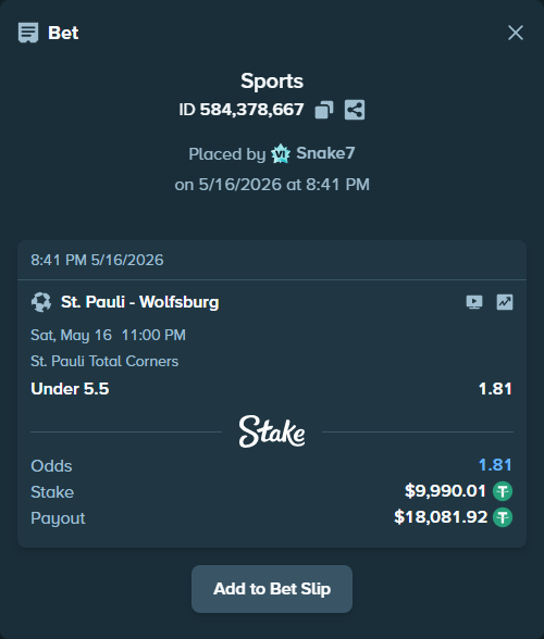 Bet slip: St. Pauli - Wolfsburg, $10,000.00 stake at 1.81 odds, placed by Snake7