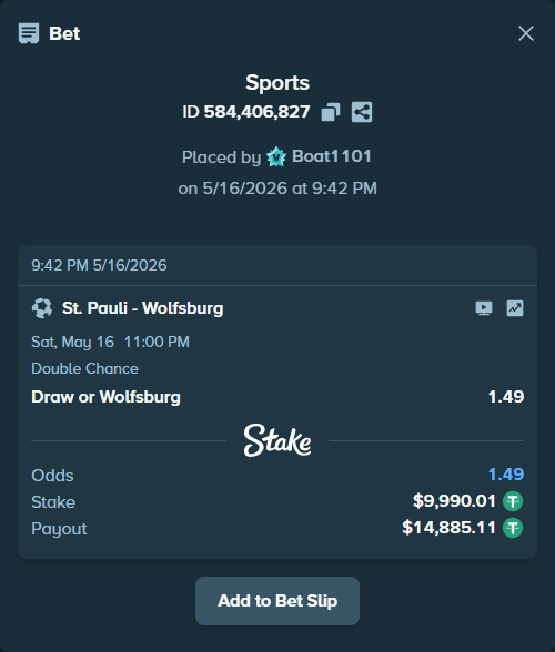 Bet slip: St. Pauli - Wolfsburg, $10,000.00 stake at 1.49 odds, placed by Boat1101