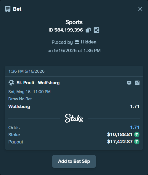 Bet slip: St. Pauli - Wolfsburg, $10,199.00 stake at 1.71 odds, placed by Hidden