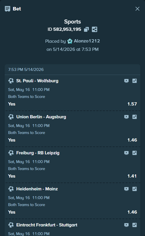 Bet slip: St. Pauli - Wolfsburg, $10,752.78 stake at 1.57 odds, placed by Alonzo1212