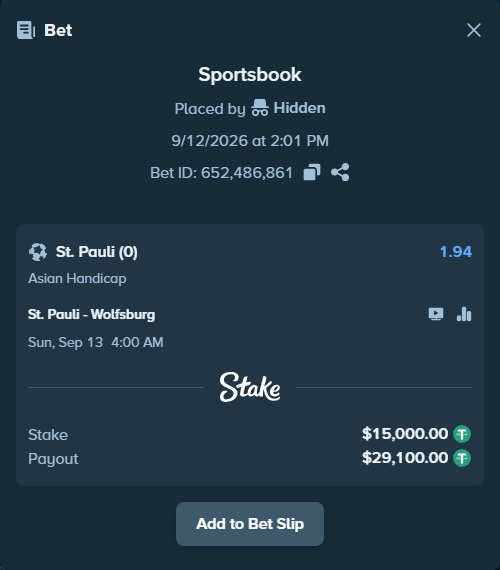 Bet slip: St. Pauli - Wolfsburg, $15,000.00 stake at 1.94 odds, placed by Hidden