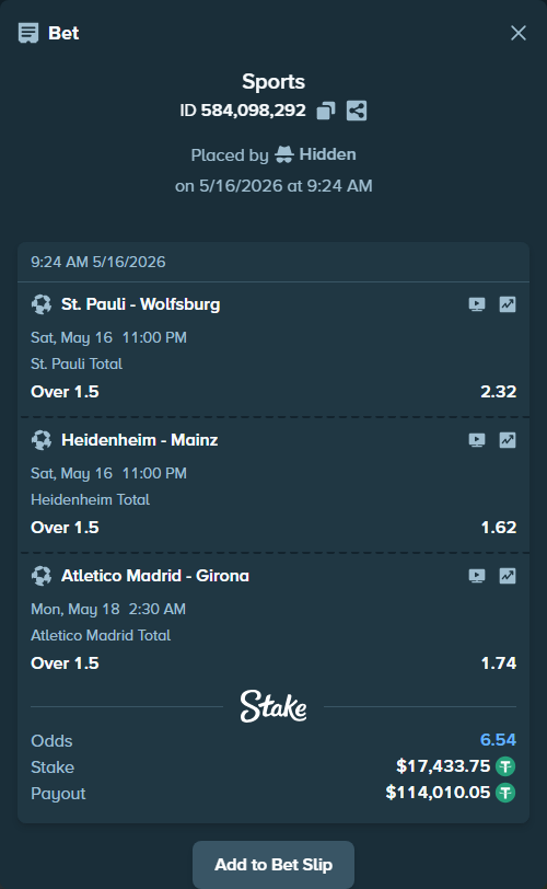Bet slip: St. Pauli - Wolfsburg, $17,451.19 stake at 2.32 odds, placed by Hidden