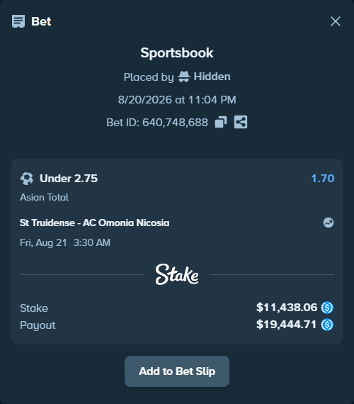 Bet slip: St Truidense - AC Omonia Nicosia, $11,438.06 stake at 1.70 odds, placed by Hidden