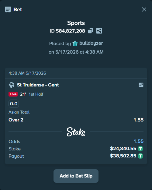 Bet slip: St Truidense - Gent, $24,840.55 stake at 1.55 odds, placed by bulldoyzer