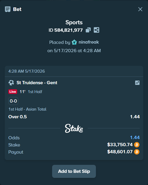 Bet slip: St Truidense - Gent, $27,707.73 stake at 1.44 odds, placed by ninafreak