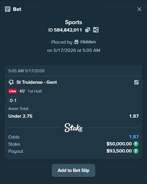 Bet slip: St Truidense - Gent, $50,000.00 stake at 1.87 odds, placed by Hidden