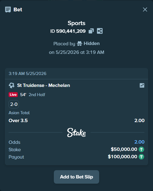 Bet slip: St Truidense - Mechelen, $50,000.00 stake at 2.00 odds, placed by Hidden