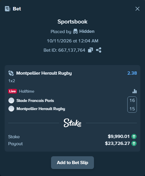 Bet slip: Stade Francais Paris - Montpellier Herault Rugby, $10,000.00 stake at 2.38 odds, placed by Hidden