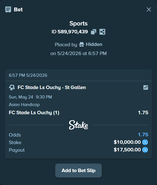 Bet slip: Stade Lausanne Ouchy - St Gallen, $10,000.00 stake at 1.75 odds, placed by Hidden