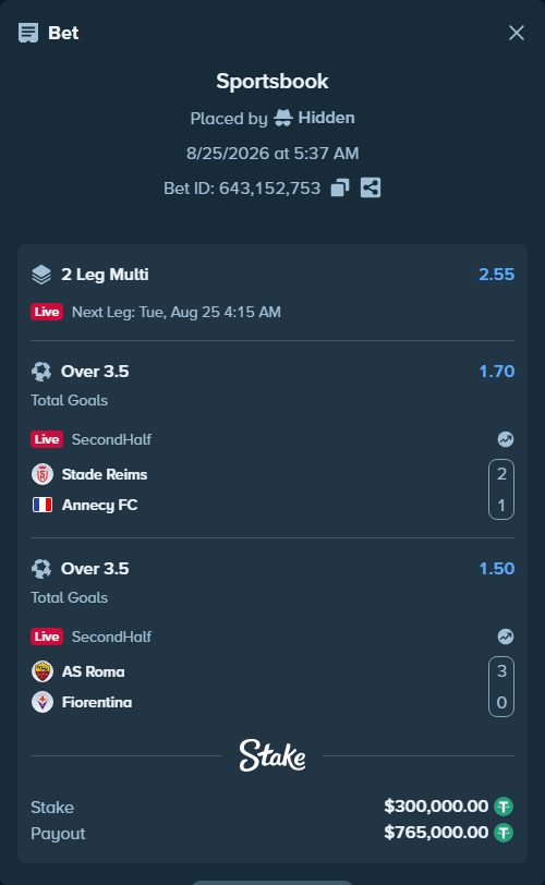 Bet slip: Stade Reims - Annecy FC, $300,000.00 stake at 1.70 odds, placed by Hidden