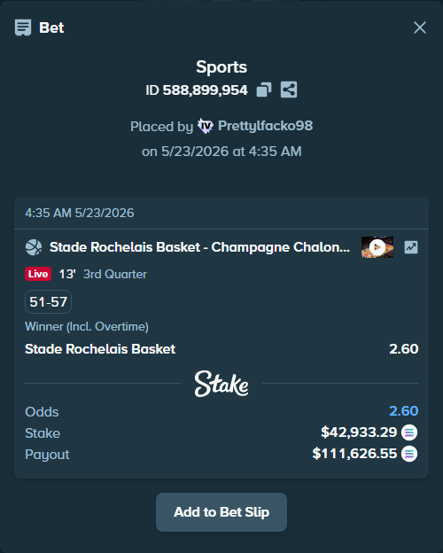 Bet slip: Stade Rochelais Basket - Champagne Basketball, $36,969.82 stake at 2.60 odds, placed by Prettylfacko98