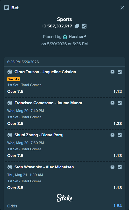 Bet slip: Stan Wawrinka - Alex Michelsen, $18,899.51 stake at 1.18 odds, placed by HersherP