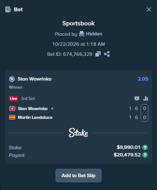 Bet slip: Stan Wawrinka - Martin Landaluce, $10,000.00 stake at 2.05 odds, placed by Hidden