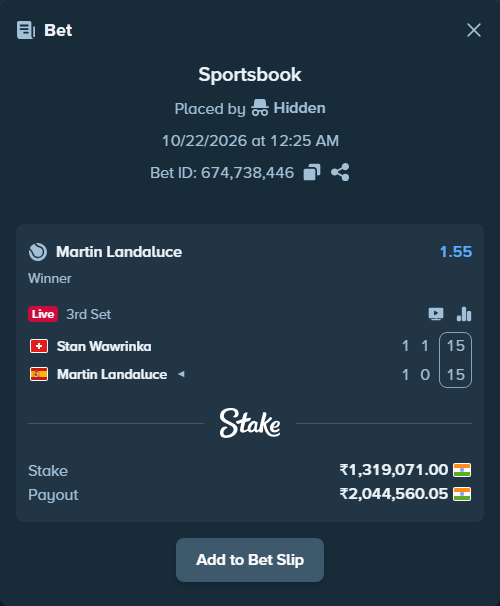 Bet slip: Stan Wawrinka - Martin Landaluce, $15,828.85 stake at 1.55 odds, placed by Winluck2005