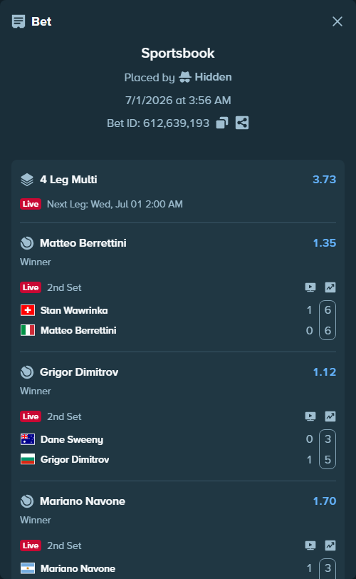 Bet slip: Stan Wawrinka - Matteo Berrettini, $21,547.72 stake at 1.35 odds, placed by Hidden
