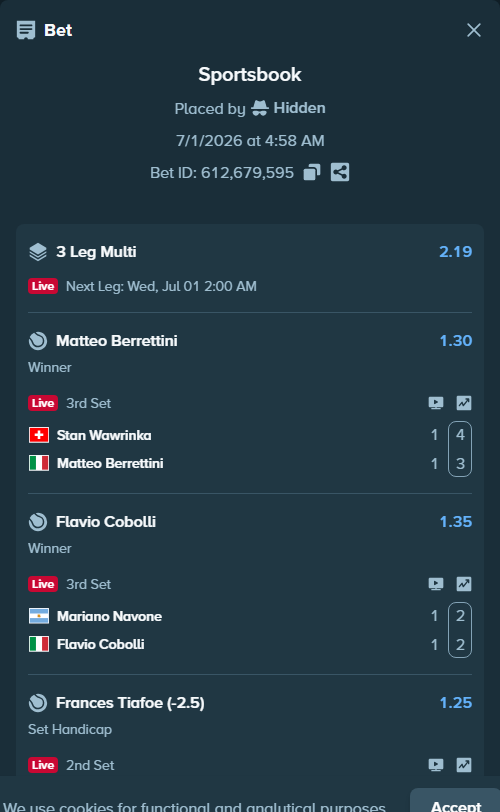 Bet slip: Stan Wawrinka - Matteo Berrettini, $42,945.02 stake at 1.30 odds, placed by Hidden