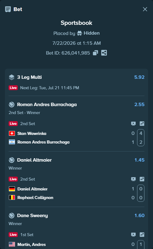 Bet slip: Stan Wawrinka - Roman Andres Burrachaga, $10,000.00 stake at 2.55 odds, placed by Hidden
