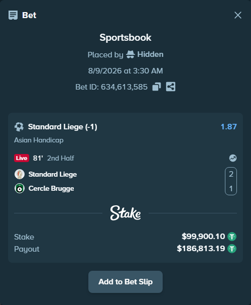 Bet slip: Standard Liege - Cercle Brugge, $100,000.00 stake at 1.87 odds, placed by Hidden