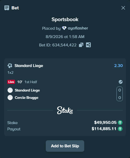 Bet slip: Standard Liege - Cercle Brugge, $50,000.00 stake at 2.30 odds, placed by ayoflasher