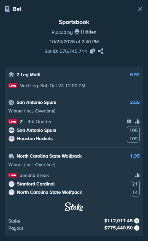 Bet slip: Stanford Cardinal - NC State Wolfpack, $111,813.90 stake at 1.95 odds, placed by Prettylfacko98