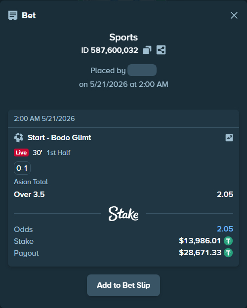 Bet slip: Start - Bodo Glimt, $14,000.00 stake at 2.05 odds, placed by rmaghsdudthd