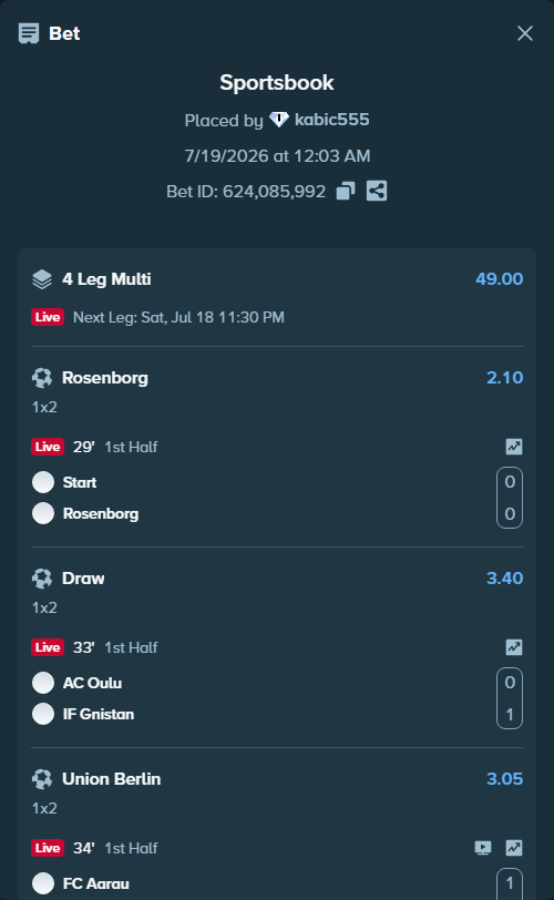 Bet slip: Start - Rosenborg, $13,672.12 stake at 2.10 odds, placed by kabic555
