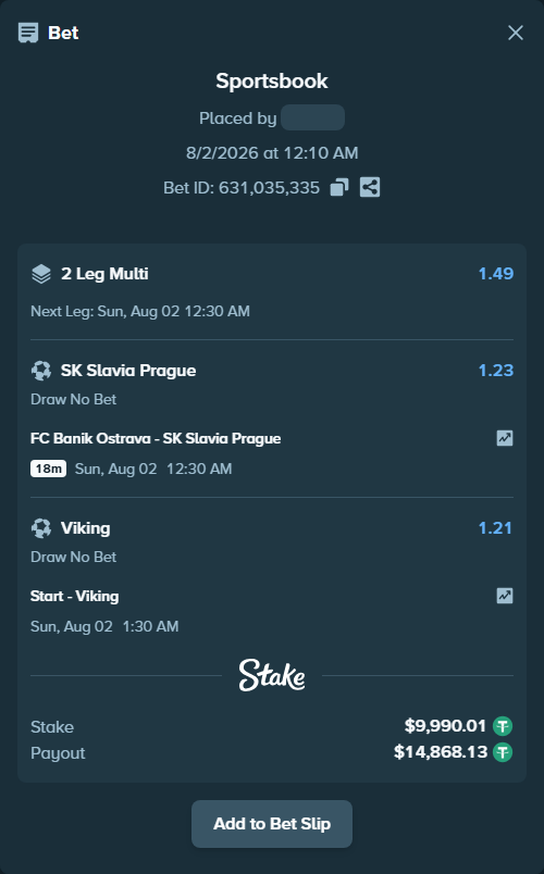 Bet slip: Start - Viking, $10,000.00 stake at 1.21 odds, placed by Haliasovskyi