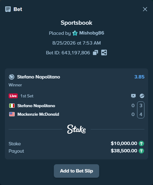 Bet slip: Stefano Napolitano - Mackenzie McDonald, $10,000.00 stake at 3.85 odds, placed by Mishobg86
