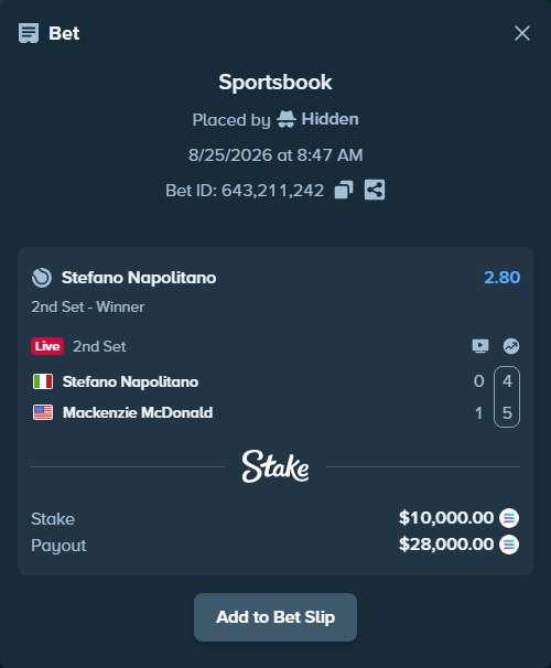 Bet slip: Stefano Napolitano - Mackenzie McDonald, $10,272.31 stake at 2.80 odds, placed by Hidden