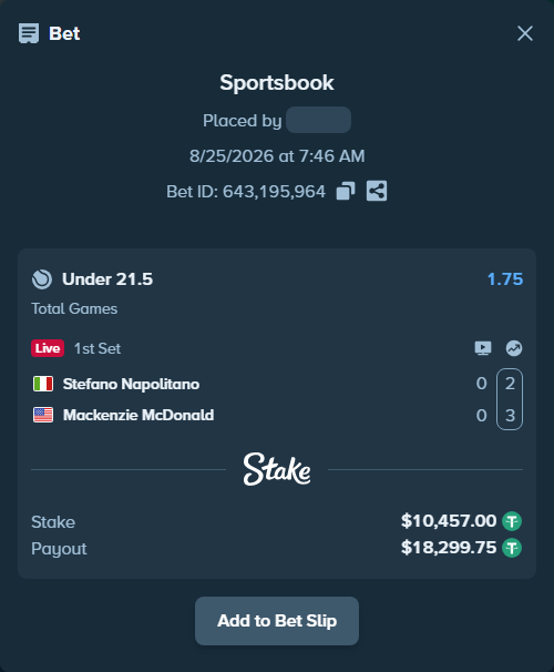 Bet slip: Stefano Napolitano - Mackenzie McDonald, $10,457.00 stake at 1.75 odds, placed by privetmedvet15