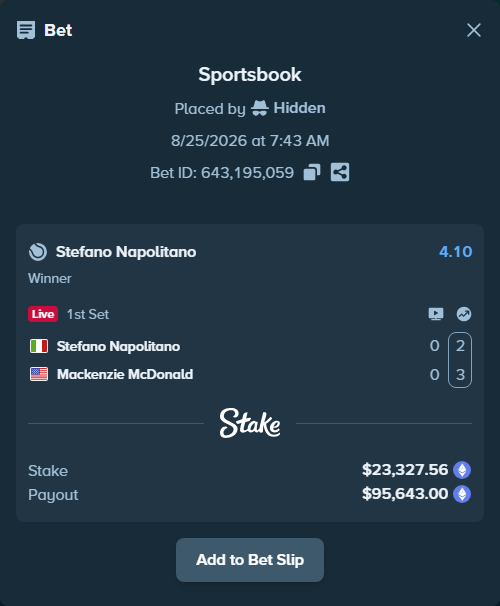 Bet slip: Stefano Napolitano - Mackenzie McDonald, $23,561.61 stake at 4.10 odds, placed by Hidden