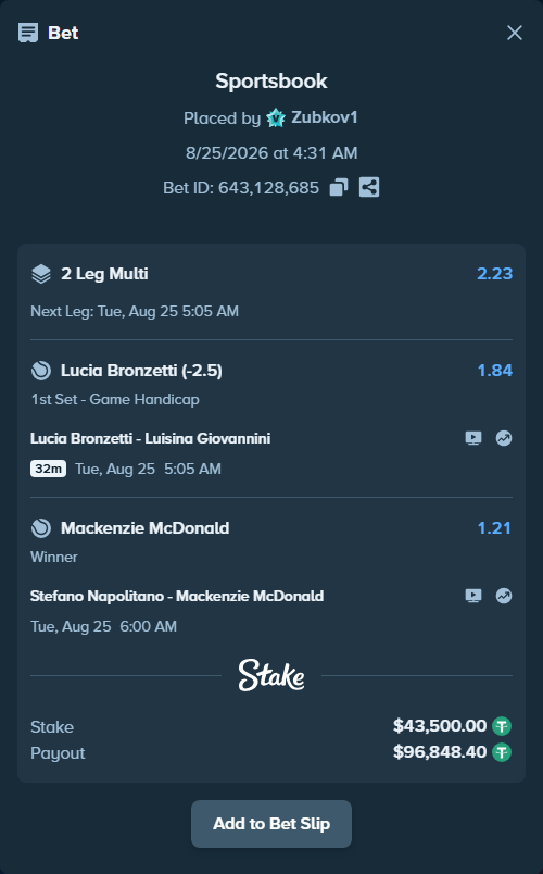 Bet slip: Stefano Napolitano - Mackenzie McDonald, $43,500.00 stake at 1.21 odds, placed by Zubkov1