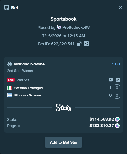 Bet slip: Stefano Travaglia - Mariano Navone, $106,735.77 stake at 1.60 odds, placed by Prettylfacko98