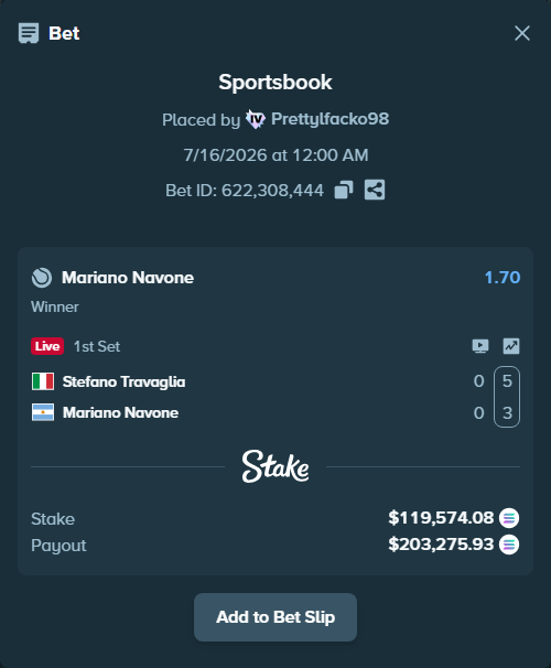 Bet slip: Stefano Travaglia - Mariano Navone, $111,572.51 stake at 1.70 odds, placed by Prettylfacko98