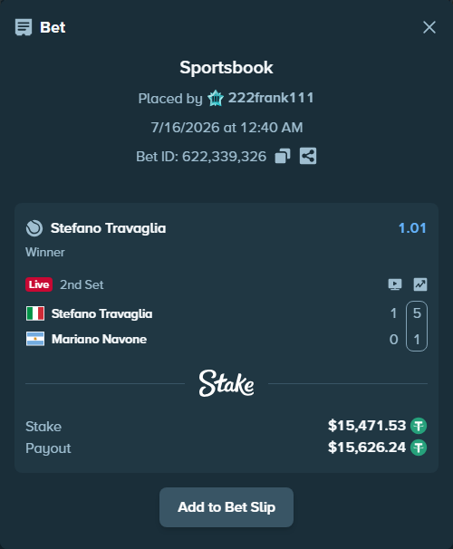 Bet slip: Stefano Travaglia - Mariano Navone, $15,487.00 stake at 1.01 odds, placed by 222frank111
