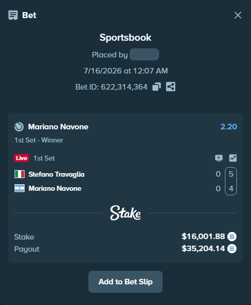 Bet slip: Stefano Travaglia - Mariano Navone, $14,931.08 stake at 2.20 odds, placed by Prettylfacko98