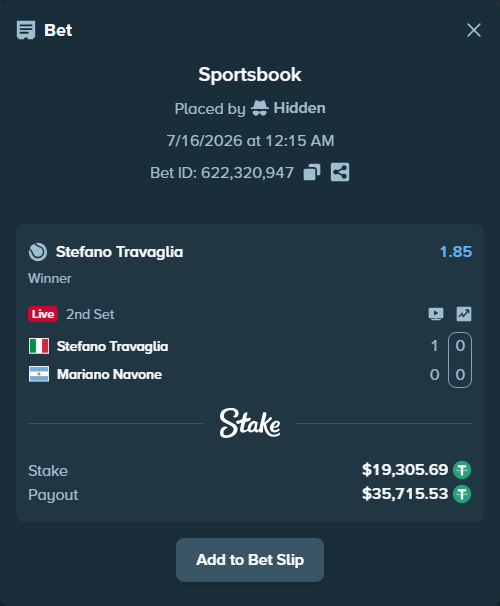 Bet slip: Stefano Travaglia - Mariano Navone, $19,325.00 stake at 1.85 odds, placed by Hidden