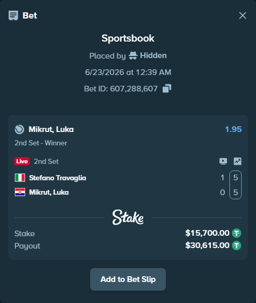 Bet slip: Stefano Travaglia - Mikrut, Luka, $15,715.70 stake at 1.95 odds, placed by Hidden
