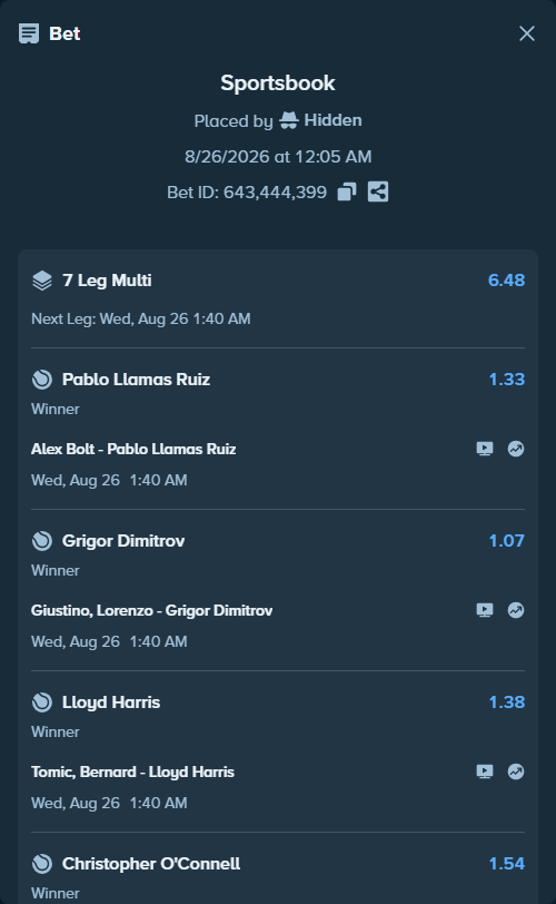 Bet slip: Stefanos Sakellaridis - Christopher O'Connell, $10,000.00 stake at 1.54 odds, placed by Hidden