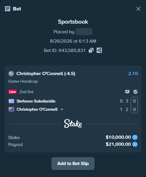 Bet slip: Stefanos Sakellaridis - Christopher O'Connell, $10,000.00 stake at 2.10 odds, placed by privetmedvet15