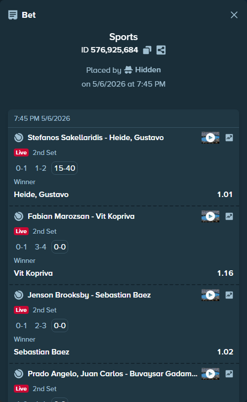 Bet slip: Stefanos Sakellaridis - Heide, Gustavo, $8,234.24 stake at 1.01 odds, placed by Hidden