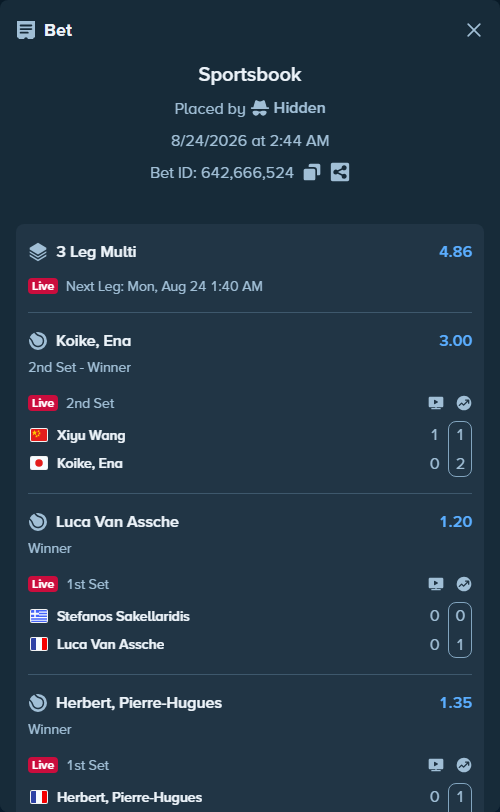 Bet slip: Stefanos Sakellaridis - Luca Van Assche, $10,000.00 stake at 1.20 odds, placed by Hidden