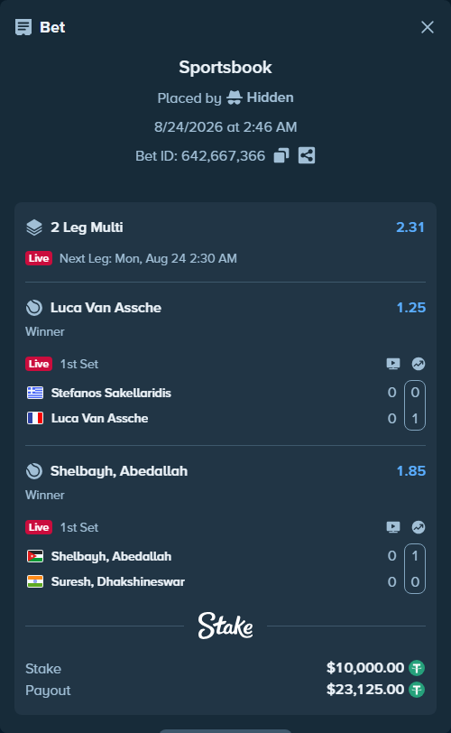 Bet slip: Stefanos Sakellaridis - Luca Van Assche, $10,000.00 stake at 1.25 odds, placed by Hidden
