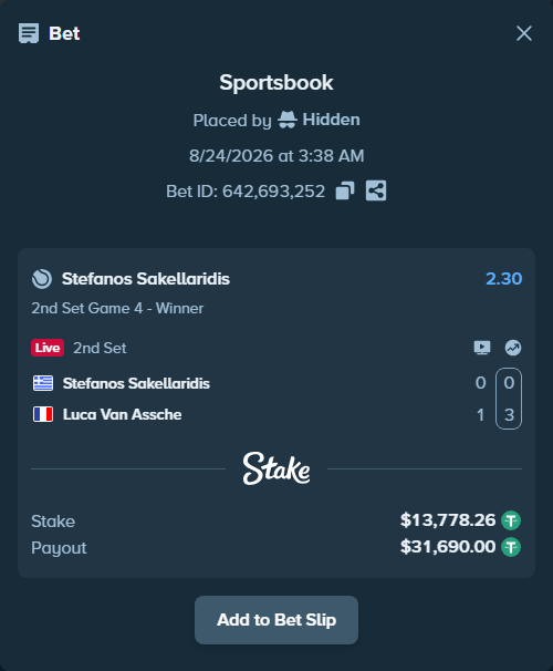 Bet slip: Stefanos Sakellaridis - Luca Van Assche, $13,776.88 stake at 2.30 odds, placed by Hidden