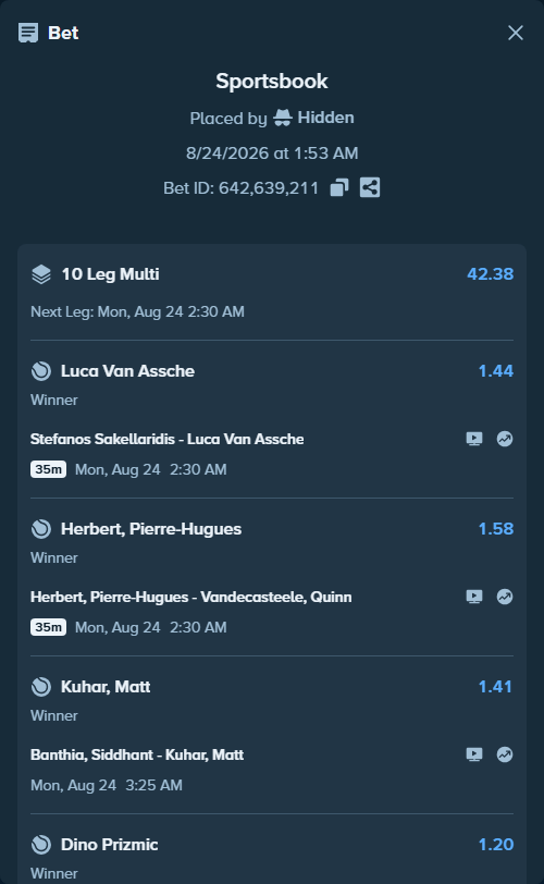 Bet slip: Stefanos Sakellaridis - Luca Van Assche, $15,236.00 stake at 1.44 odds, placed by Hidden