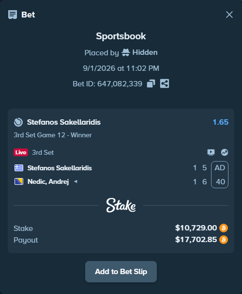 Bet slip: Stefanos Sakellaridis - Nedic, Andrej, $10,796.82 stake at 1.65 odds, placed by Hidden