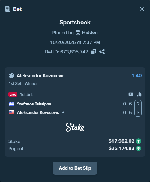 Bet slip: Stefanos Tsitsipas - Aleksandar Kovacevic, $18,000.00 stake at 1.40 odds, placed by Kriski99
